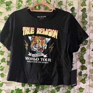 True Religion Black World Tour Graphic Baby Tee CROPPED Fit